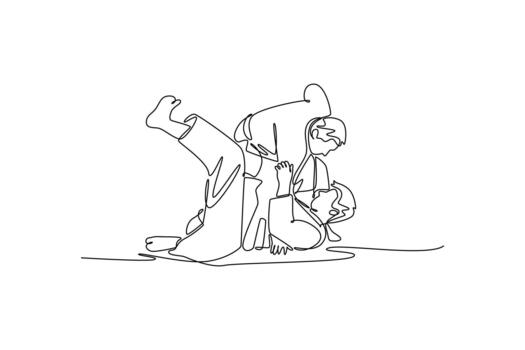 continuo uno línea dibujo dos hombres son bloqueado en espacios cerrados luchar en suelo con uno ejecutando invertido rodar terminado otro. fuerza técnica. soltero línea dibujar diseño gráfico ilustración vector