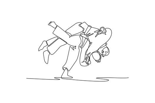 Continuous one line drawing two men are performing dynamic throw with one executing a hip-and-shoulder technique. Power, balance, and fluid motion. Single line draw design graphic illustration vector
