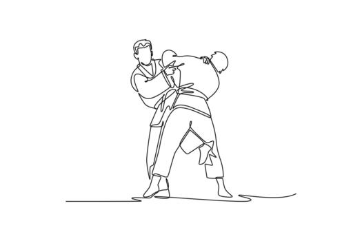 Single one line drawing two men are locked in close-quarters grapple with one executing hip throw setup. Dynamic technique and strength of Judo. Continuous line draw design graphic illustration vector