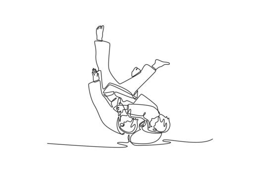 Continuous one line drawing two men are performing dynamic sacrifice throw, with one figure inverted in mid-air during execution of Judo technique. Single line draw design graphic illustration vector