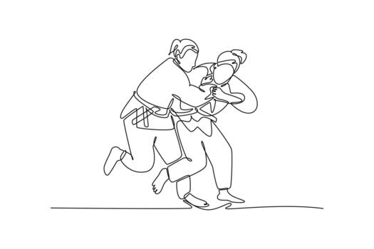 Single continuous line drawing two beautiful women are locked in close-quarters grapple with one executing hip throw setup. Technique strength of Judo. One line draw graphic design illustration vector