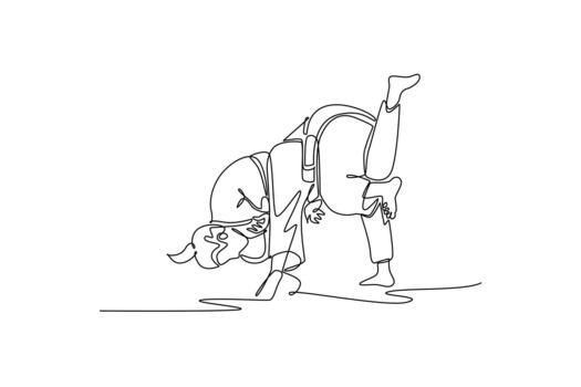 soltero continuo línea dibujo dos mujer ejecutando dinámica lanzar o cadera elevar, con uno figura invertido en aire durante ejecución de judo técnica. uno línea dibujar gráfico diseño ilustración vector