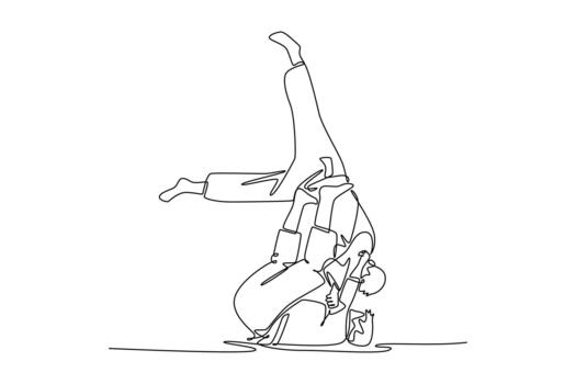 Single continuous line drawing two men performing dynamic throw, with one figure inverted in mid-air during execution of Judo or martial art technique. One line draw graphic design illustration vector