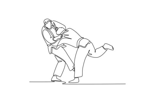 Continuous one line drawing two men are locked in close-quarters grapple with one executing hip-and-leg throw setup. Technique and strength of Judo. Single line draw design graphic illustration vector