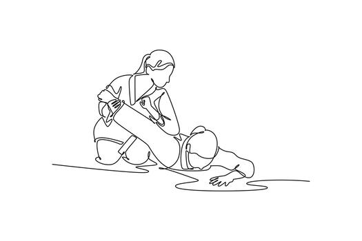 Single continuous line drawing two women are locked in grappling struggle on ground, with one applying control, pin hold using her legs. Strength pose. One line draw graphic design illustration vector
