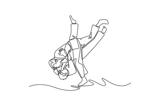 soltero uno línea dibujo dos hombres son ejecutando dinámica tirar, con uno figura invertido en aire ejecución de judo o marcial letras técnica. continuo línea dibujar diseño gráfico ilustración vector