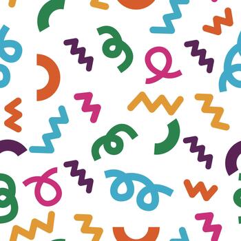 Playful abstract doodle with colorful squiggles, loops, and curved shapes seamless pattern on white background vector