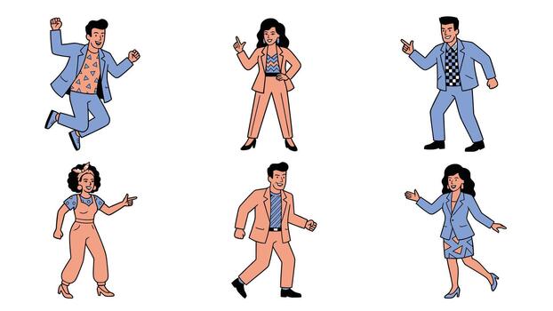 Diverse Group of Animated Professionals in Various Poses on a White Background vector