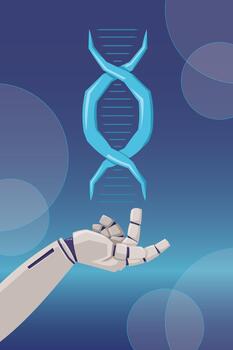 Robotic hand interacting with glowing DNA strand in a futuristic science concept vector
