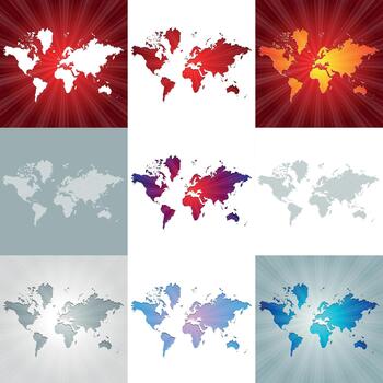 A collection of political paper maps of the world. A set of red and gray outline maps. vector