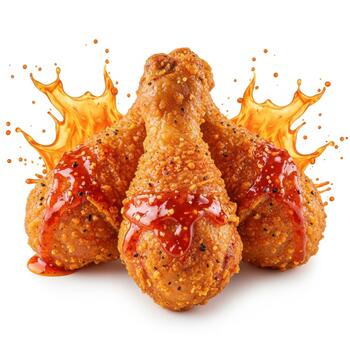 Crispy fried chicken drumsticks with a spicy red sauce and a splash of orange sauce, isolated on white background photo