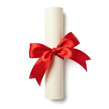 A rolled diploma or certificate tied with a vibrant red satin ribbon, isolated on white background photo