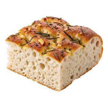 A delicious slice of focaccia bread with rosemary and pine nuts, isolated on a white background photo