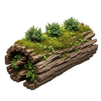 A hollowedout log covered in lush green moss and small plants, creating a miniature natural habitat, isolated on white background photo
