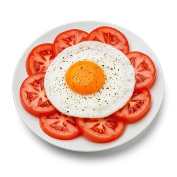 A fried egg seasoned with pepper, surrounded by sliced tomatoes, isolated on white background photo