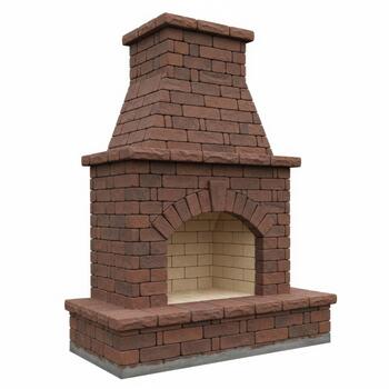 A sturdy brick fireplace with a classic arched opening and a wide base, isolated on white background photo