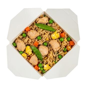 Chinese takeout box filled with chicken fried rice, isolated on white background photo