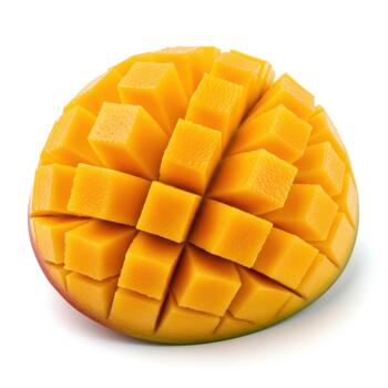 A perfectly ripe mango, expertly sliced to reveal its juicy, golden flesh, presented in a fan pattern, isolated on white background photo