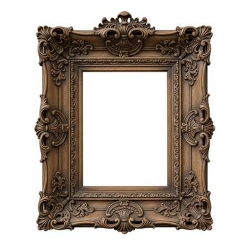 Ornate antique wooden picture frame with intricate carvings and a distressed finish, isolated on white background photo