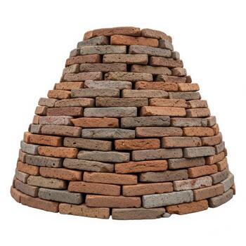 Conical structure made of stacked bricks in various earthy tones, isolated on white background photo