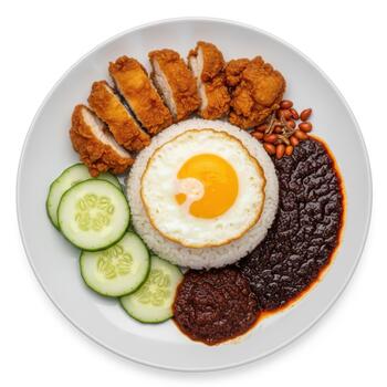 Nasi lemak served on a plate with fried chicken, egg, peanuts, cucumber, and sambal, isolated on white background photo