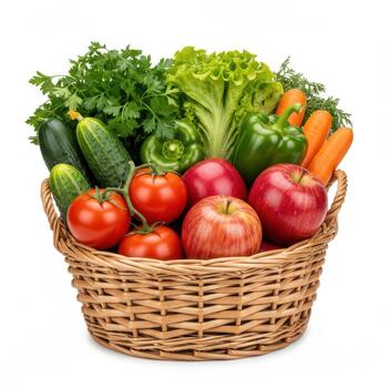 un tejido cesta desbordante con fresco, vistoso vegetales y maduro rojo manzanas, aislado en un blanco antecedentes foto