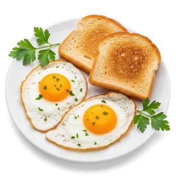 Delicious breakfast plate with two fried eggs and three slices of toasted bread, garnished with fresh parsley, isolated on white background photo