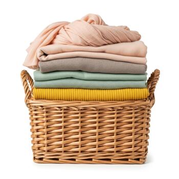 A neatly folded stack of colorful clothes in a woven basket, isolated on white background photo