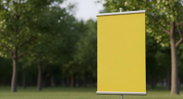 A yellow banner stands in the middle of a field photo