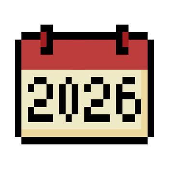 Retro pixel art calendar displaying the year 2026 vector
