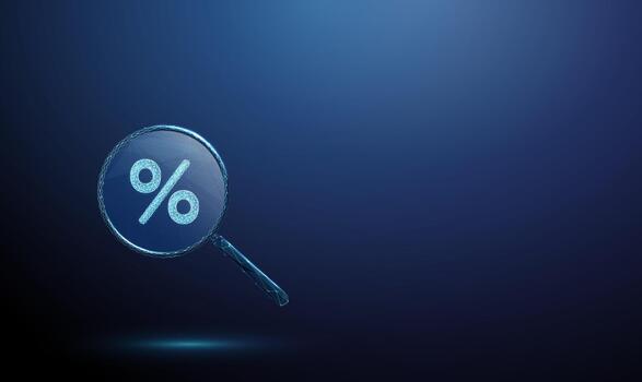 Percent sign under a magnifying glass. Data analysis, statistics, financial evaluation, investment, audit, efficiency, risk management concept. vector