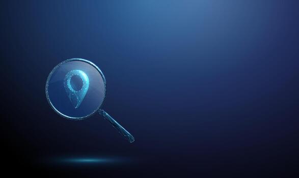 3d blue magnifying glass with pin location icon inside. Location tracking, destination search, mapping, geospatial analysis, navigation system concept. vector