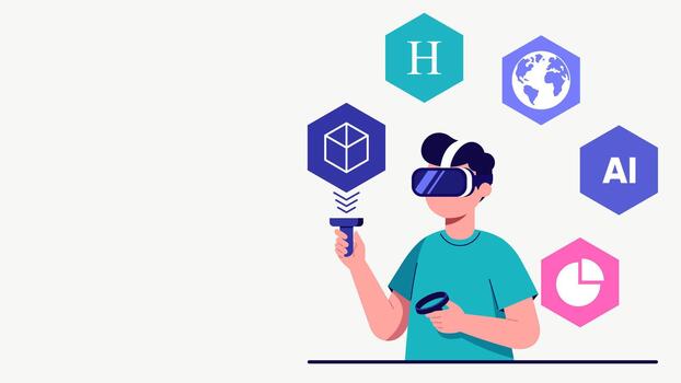 Student Using VR Headset for Interactive Learning in Modern Flat Design vector