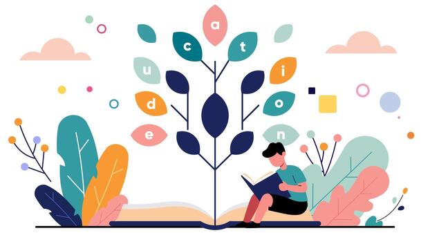 Education Growth Concept with Student Reading Under Knowledge Tree vector