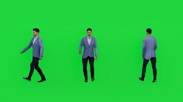 4k 3d framställa av en modern man gående i en tillfällig blazer på en grön skärm bakgrund, idealisk för krom nyckel vfx, företag presentationer, reklam, rörelse grafik, och digital media projekt. video