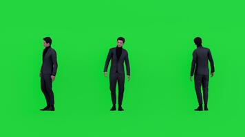 4k 3d framställa av en man i en formell kostym visad från flera olika vinklar på en grön skärm bakgrund, isolerat för krom nyckel sammansättning. idealisk för företag animation, företags- videoklipp, vfx, presentationer video