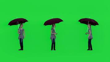 4k 3d framställa av en ung flicka innehav ett paraply och visad från flera olika vinklar på en grön skärm bakgrund, isolerat för krom nyckel sammansättning. idealisk för animation, väder scener, vfx video