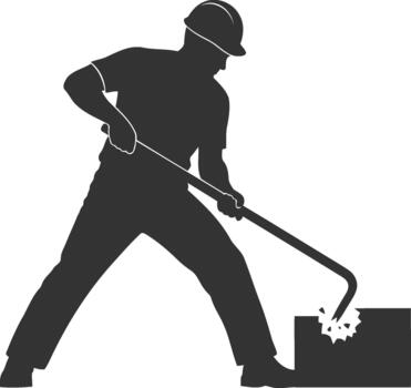 Construction worker in hard hat prying open crate with crowbar vector