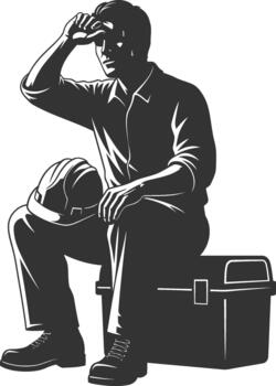 Silhouette of a hard working laborer resting on his toolbox vector
