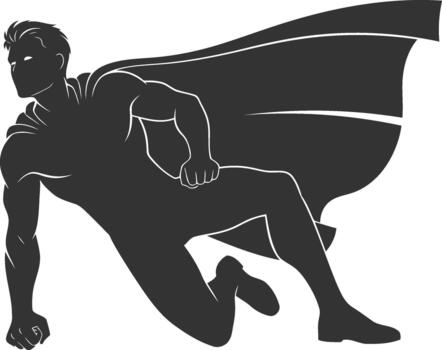 Superhero in flight silhouette with cape, dynamic action pose vector