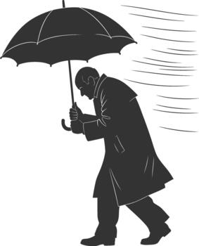 Man struggling with umbrella in strong wind silhouette vector