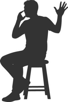 Silhouette of a man on a phone, sitting on a stool and gesturing vector