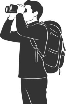 Hiker exploring nature, observing distant views with binoculars vector