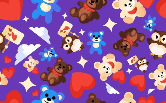 Warm seamless pattern for Valentine's Day with doll mascots, hearts, stars, clouds, and affection expressions. vector