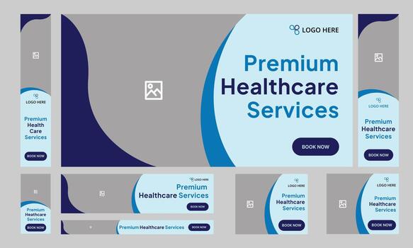 Trendy igital healthcare services web set banner design for social media post, daily medical services web bundle banner design, fully customizable eps 10 file format vector