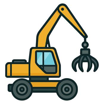 Material Handler Machine with Grapple Attachment Flat Icon vector
