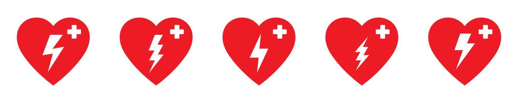 AED icon, automated external defibrillator, aed sign with heart and electricity symbol set. vector