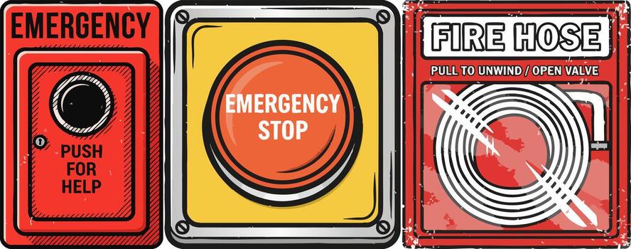 Retro Emergency Safety Buttons and Fire Hose Set vector