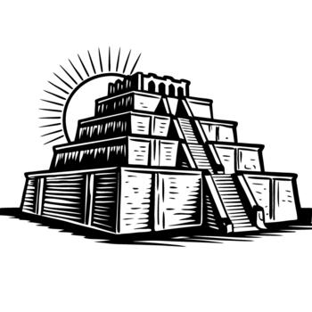 Ancient stepped pyramid illustration with sun rays in black and white historical temple architecture, ziggurat structure vector