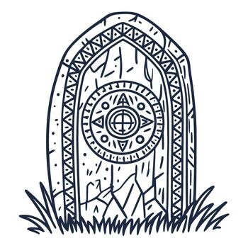 antiguo runa Roca con circular símbolo y tribal patrones, descuidado con césped y agrietado superficie ilustración vector